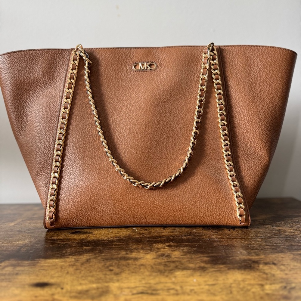 KORS Michael Kors Brown Leather Tote with Gold Chain Straps